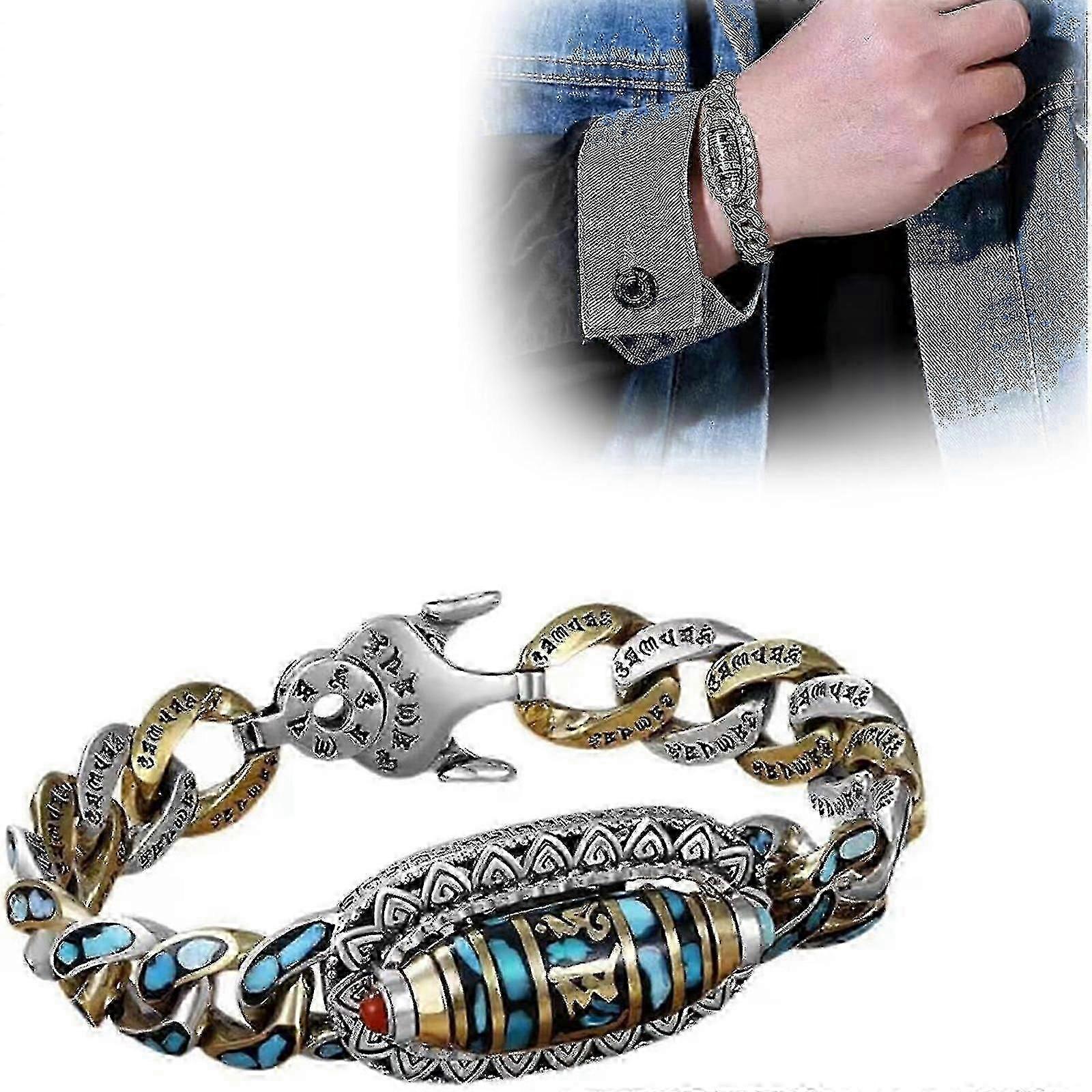Turquoise Six caractères Mantra neuf yeux Dzi Bracelet de perles, transfert rotatif neuf yeux Dzi perles Bracelet, méditation chance amulette Bracelet