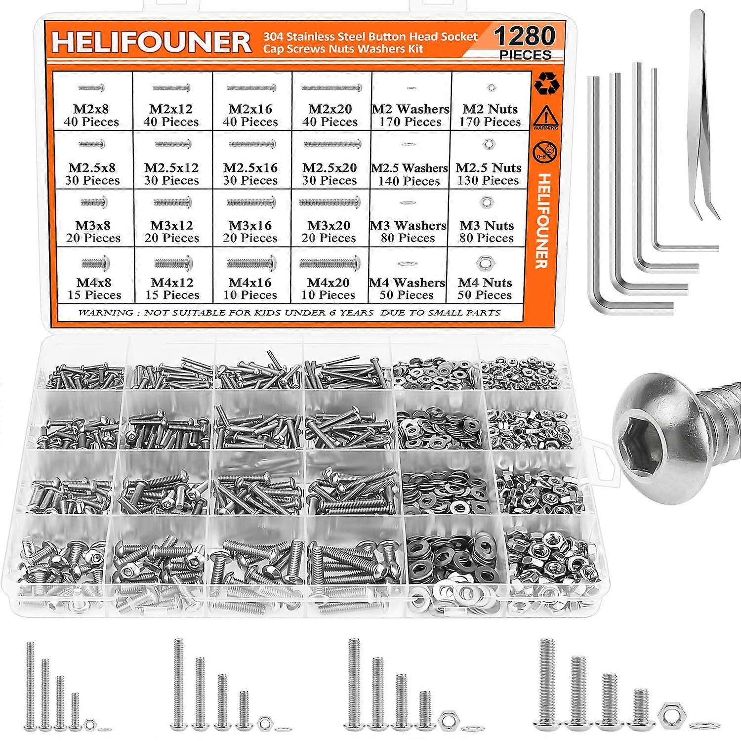 1280 Pieces M2 M2.5 M3 M4 304 Stainless Steel Button Head Socket Cap Metric Screws Bolts Washers Nuts Hardware Assortment Kit with Hex Wrenches
