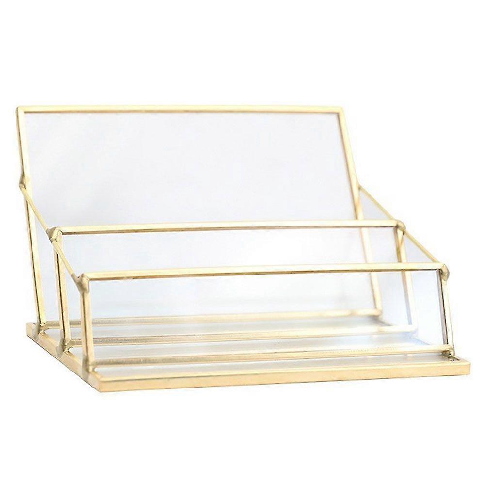 2 Slots Glass Business Card Holder Stand, Metal Frame Name Card Display Stand Business Name Card Organizer, 11*7*7cm