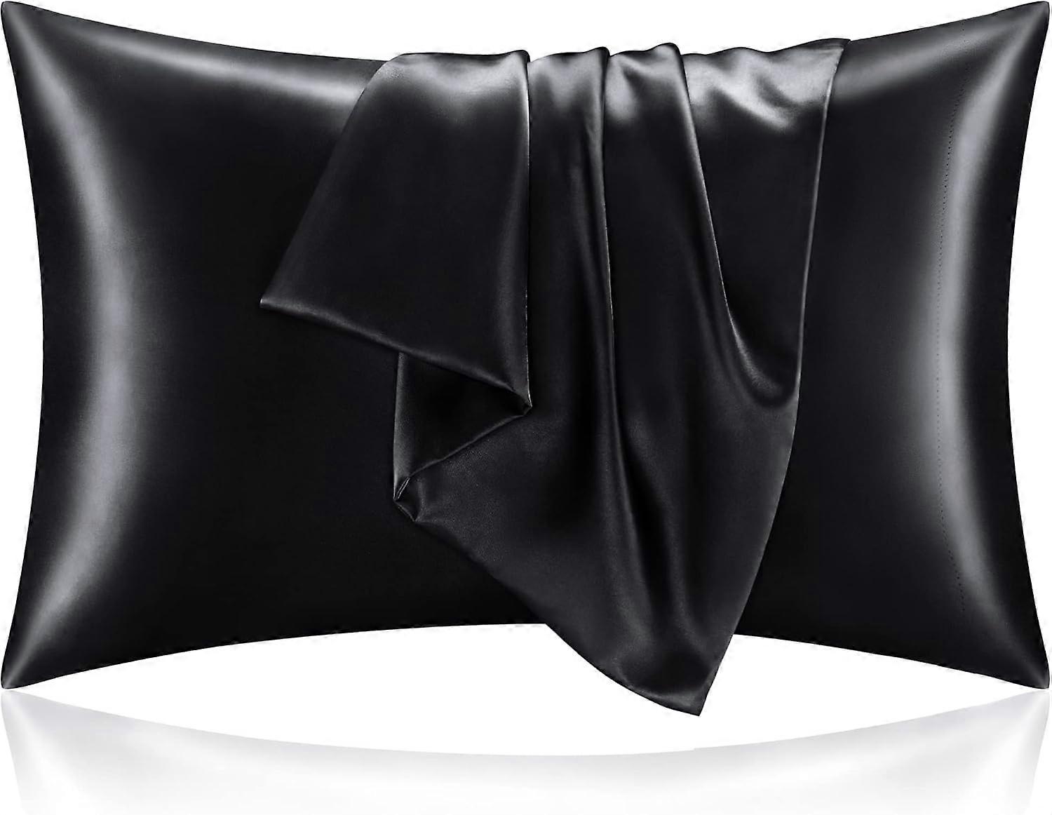 Silk Satin Pillowcase for Hair and Skin, Black Pillowcase Standard Size Set of 2 Pack, Super Soft Pillowcase with Envelope Closure (20x26 Inch)