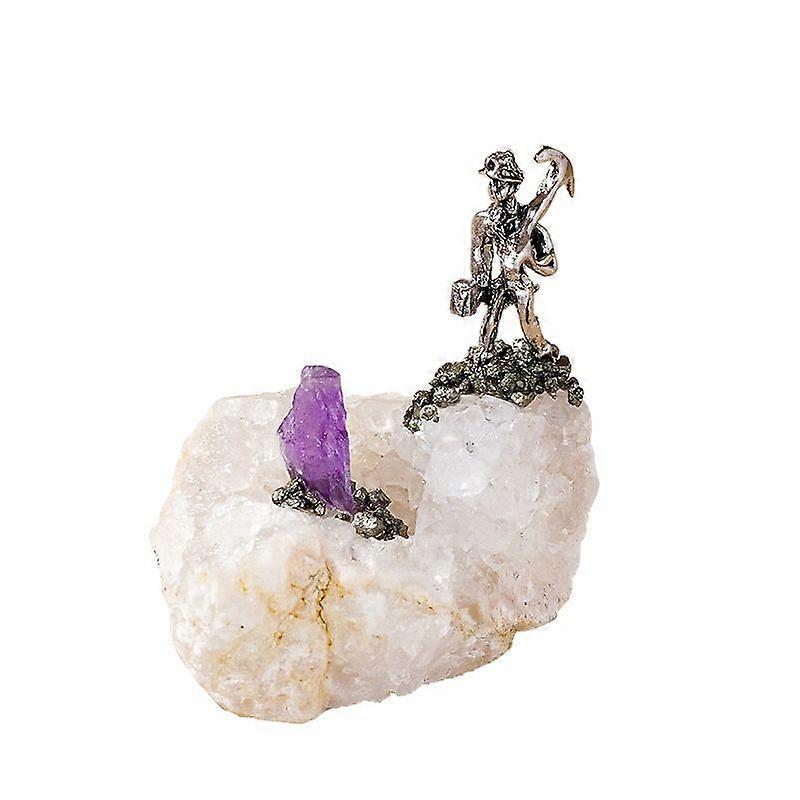 Natural Crystal With Alloy Miner Figurine Irregular Gemstone Cluster Decoration Unique Agate Sculpture for Home Display
