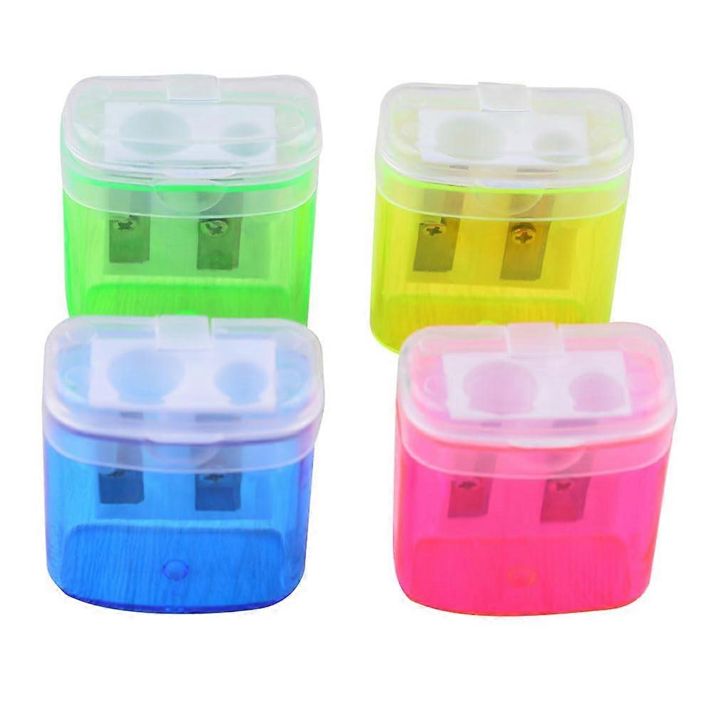 Pencil Sharpeners for Children Pack of 4, Portable Plastic Manual Sharpener Set with Double Hole Cap, Red Green Blue Yellow