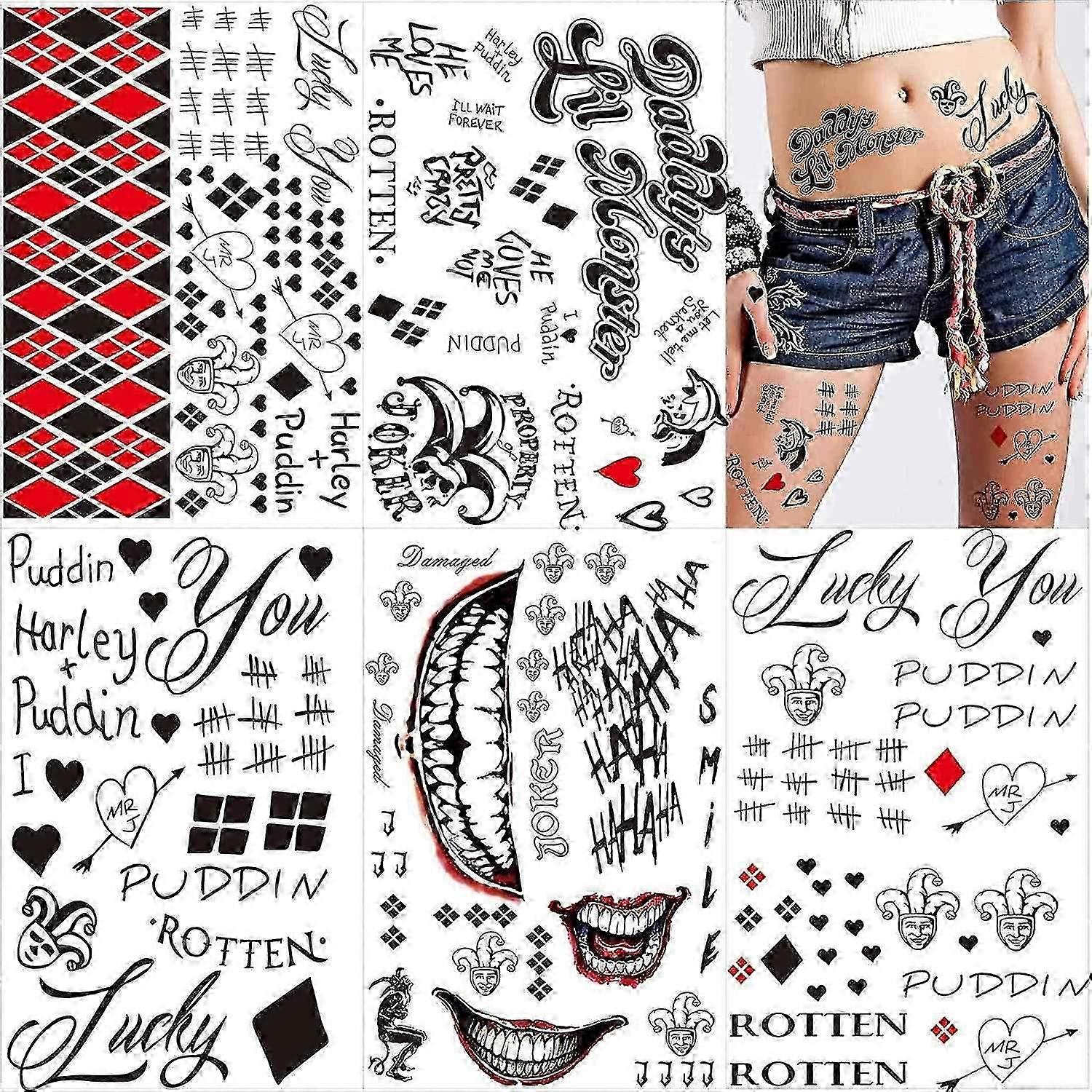 Large-size Tattoos For Suicide Joker Harley Quinn, 5 Sheets Temporary Tattoos Stickers For Har