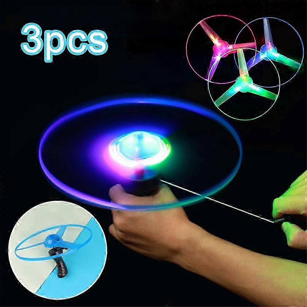 3Pcs LED Light Up Flying Disc Helicopter Toy, 3 String Launchers and 3 Flying Saucers, Pull String Saucers UFO Flying Toys for Kids