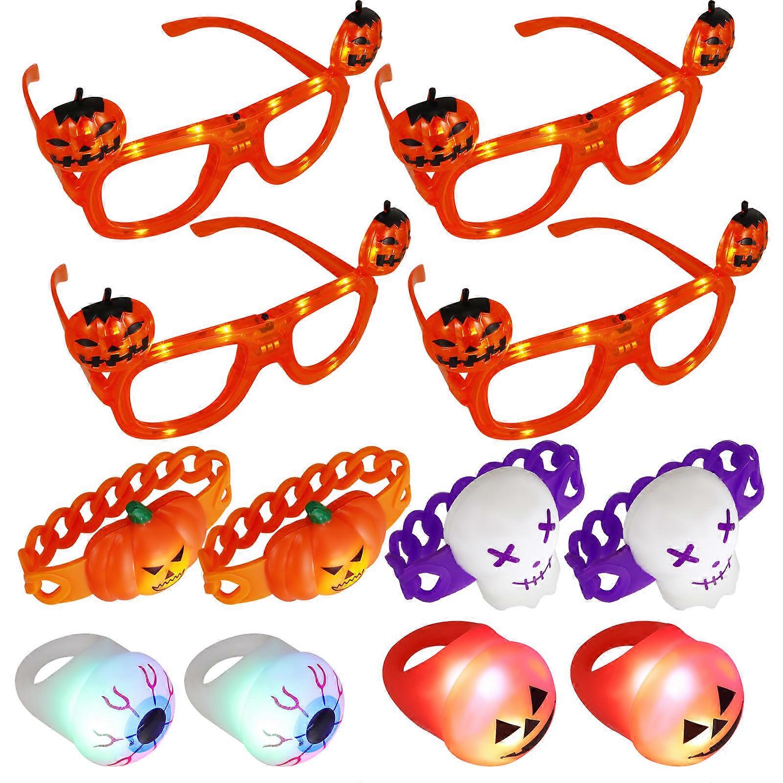 12 Pcs Halloween Cosplay Props LED Glow-Up Glasses and Wrist Bands for Adults Assorted Color Perfect for Halloween-Themed Parties