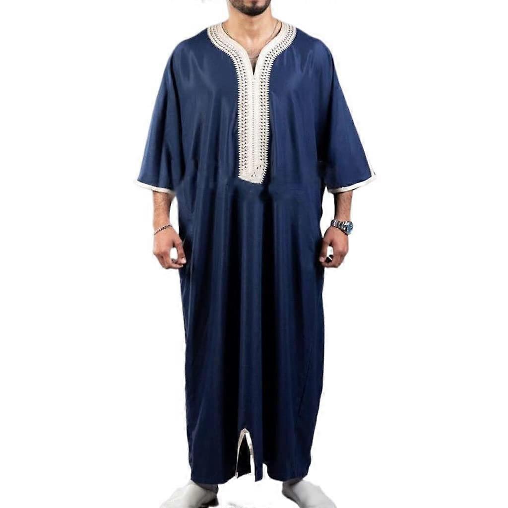 Muslim Gown For Men Kaftan Dubai Long Robe Ethnic Clothing Soft Long Sleeve Embroidered Arabic Middle Dress Blue Size L
