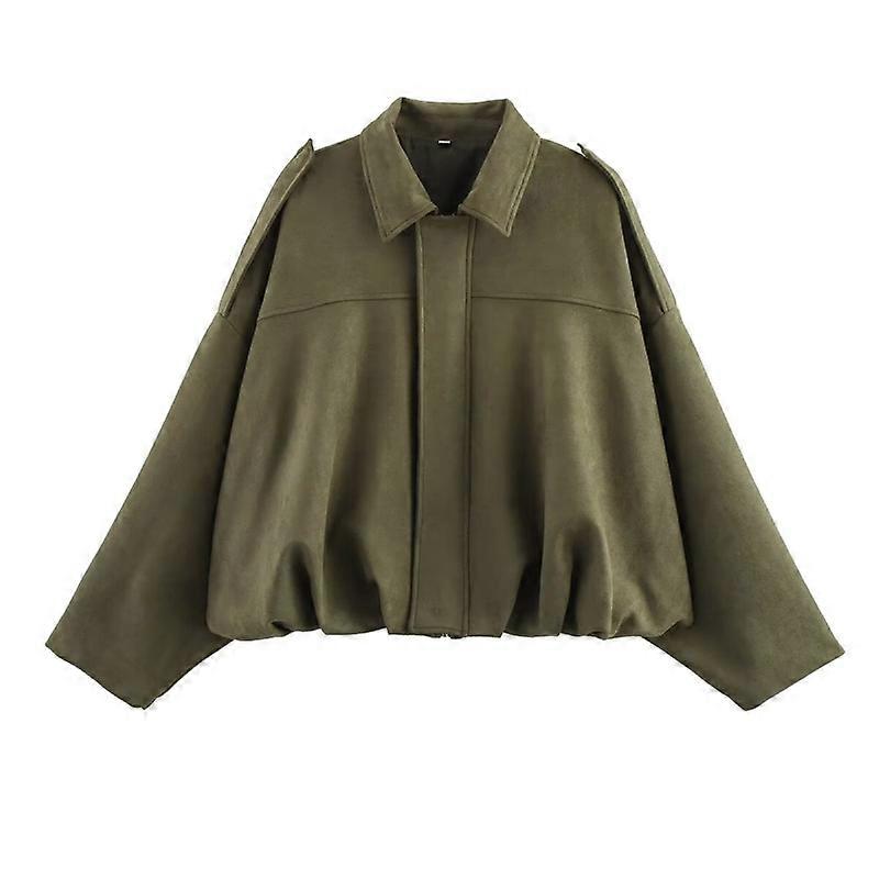 Femme Daim Texture Effet Version Lâche De Mode Revers Épaule Blouson Bomber