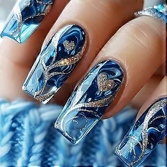 24 Stücke Gold Kurve Linie Druck auf Nägel Meer Acryl Gefälschter Nagel Glänzend Blau Farbverlauf