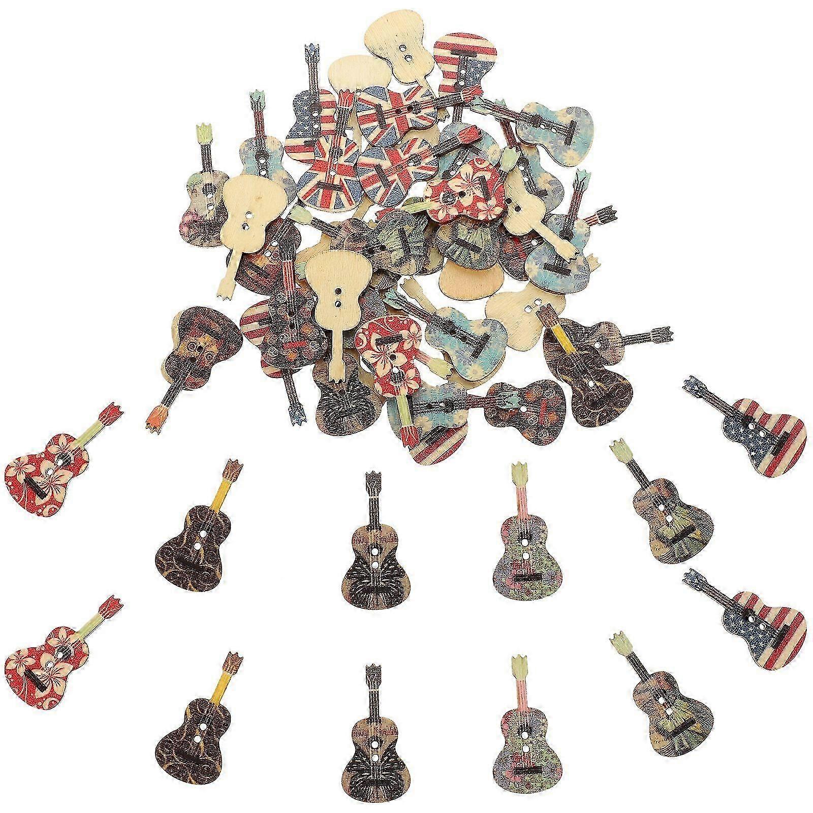 50pcs Wood Buttons Guitar Shape Buttons DIY Buttons for Crafting Halloween Guitar Buttons Random Color