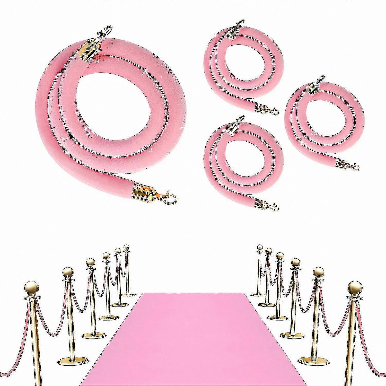 6.4ft Pink Velvet Queue Barrier with Gold Hooks, 4-Piece Stanchion Rope Set for Crowd Control and Event Management Solutions