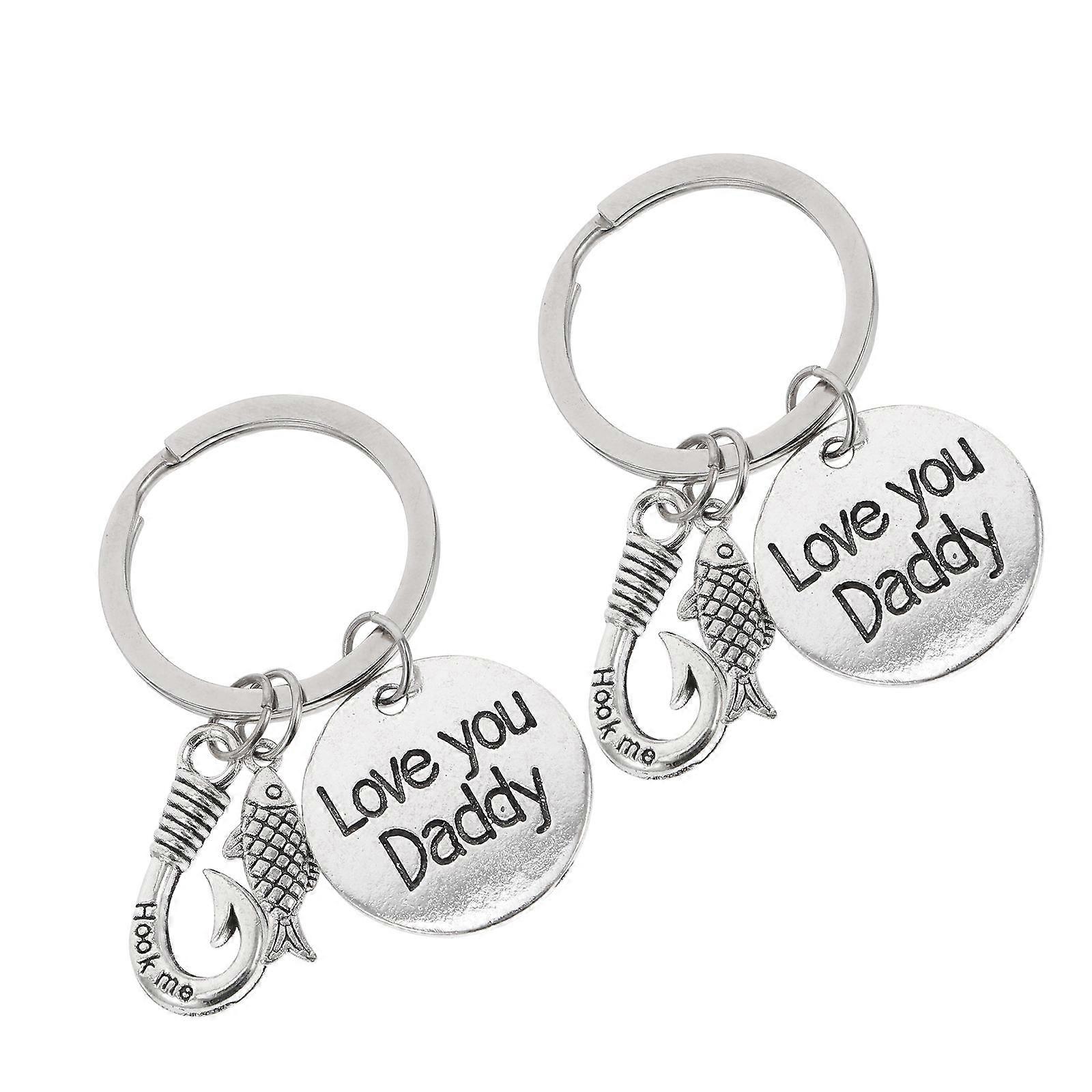 Father Day Keychain Fish Hook Key Chains for Gift 2Pcs Silver Decoration