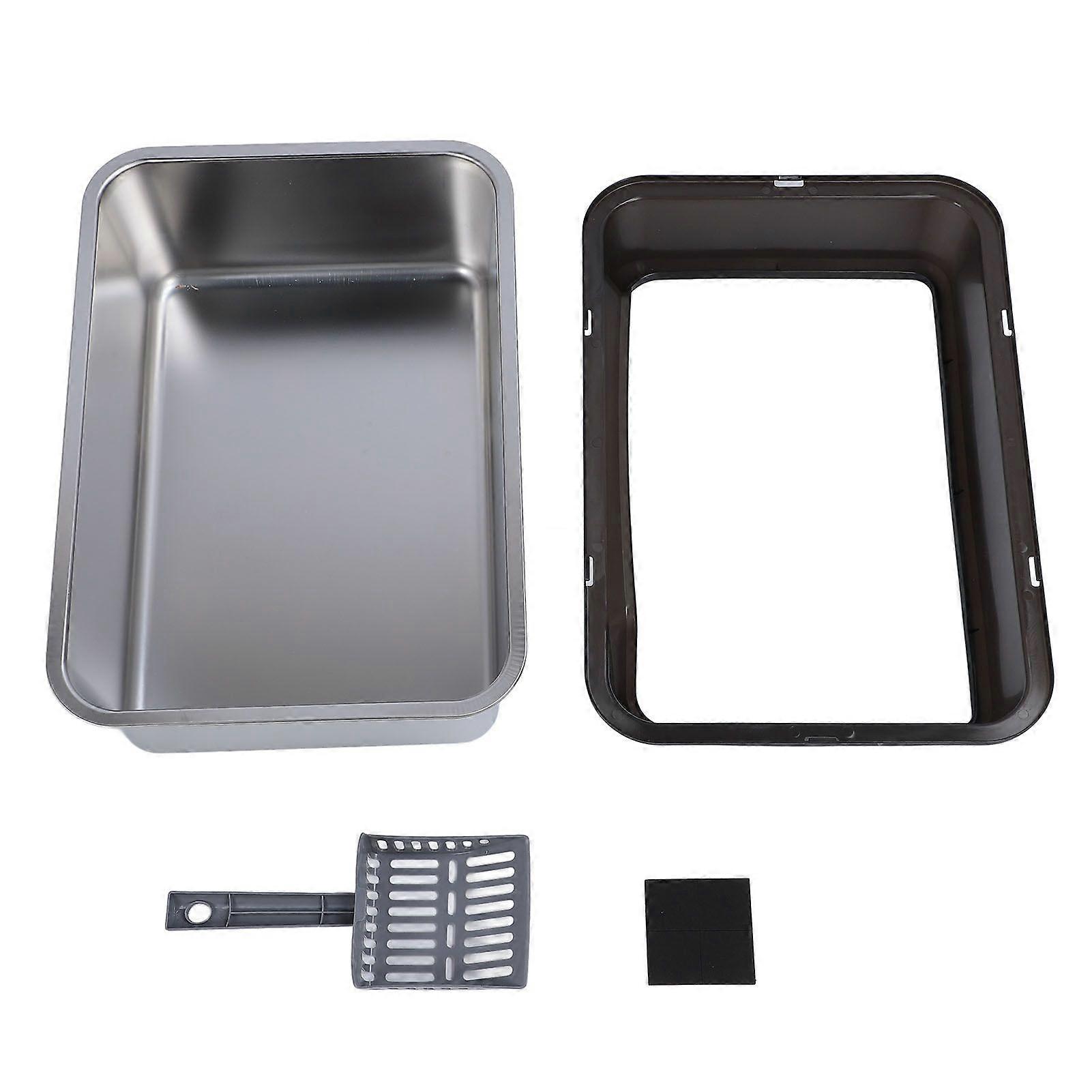 Stainless Steel Cat Litter Box Anti Splashing Top Entry Large High Sided Kitty Litter Pan with Scoop for Big Cat Black
