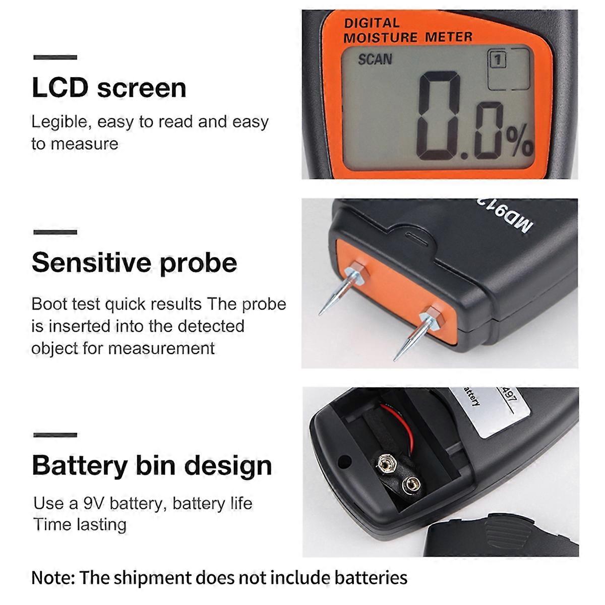 Timber Digital Moisture Tester 2 Probe Paper Water Contain Tester 2% to 70% Water Content Measurement for Bamboo Cotton