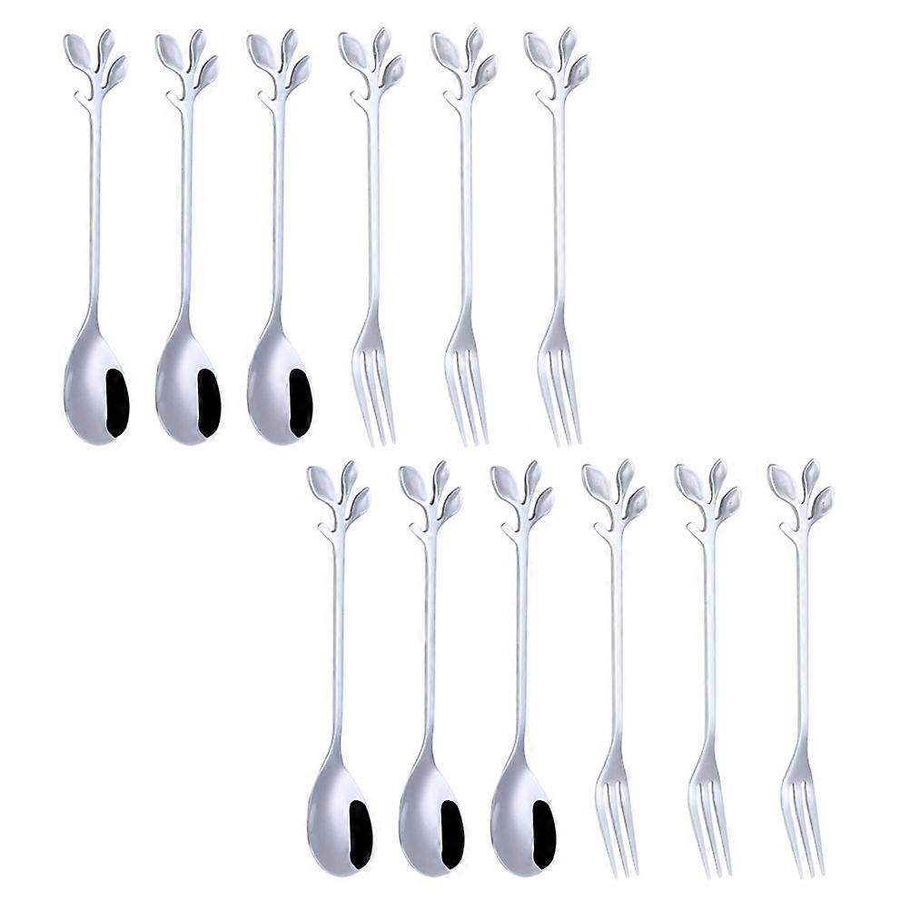 Creative Dessert Spoon and Cake Forks Set for Home Use 12Pcs Silver