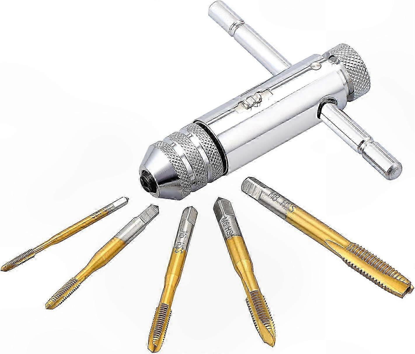 5pcs HSS Metric Thread Taps M3 M4 M5 M6 M8 with Adjustable Tap Wrench and T-Handle Holder