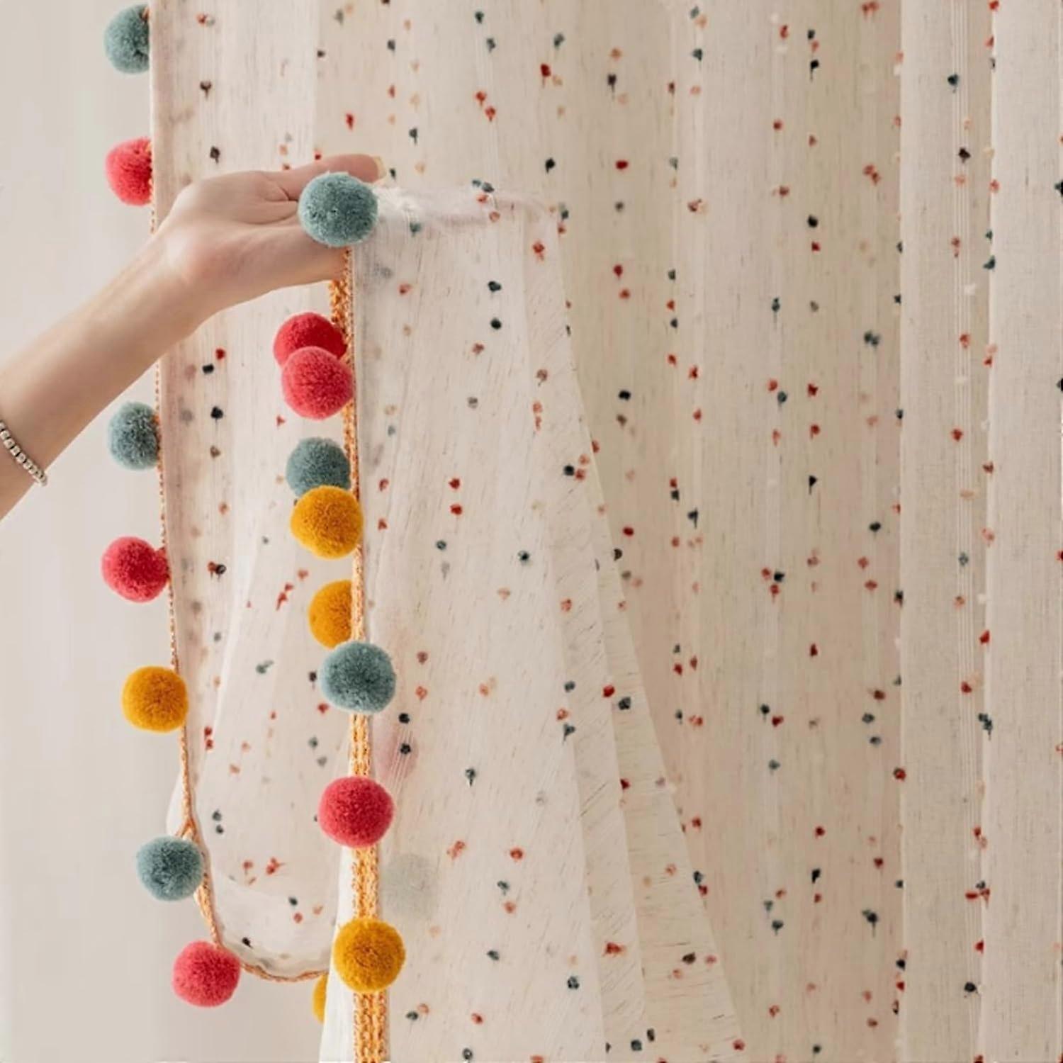 Boho Rainbow Sheer Curtain 2Panel Voile Stripe Colorful Pom Poms Light Filtering Window Drapes For Kids Bedroom W52xL84