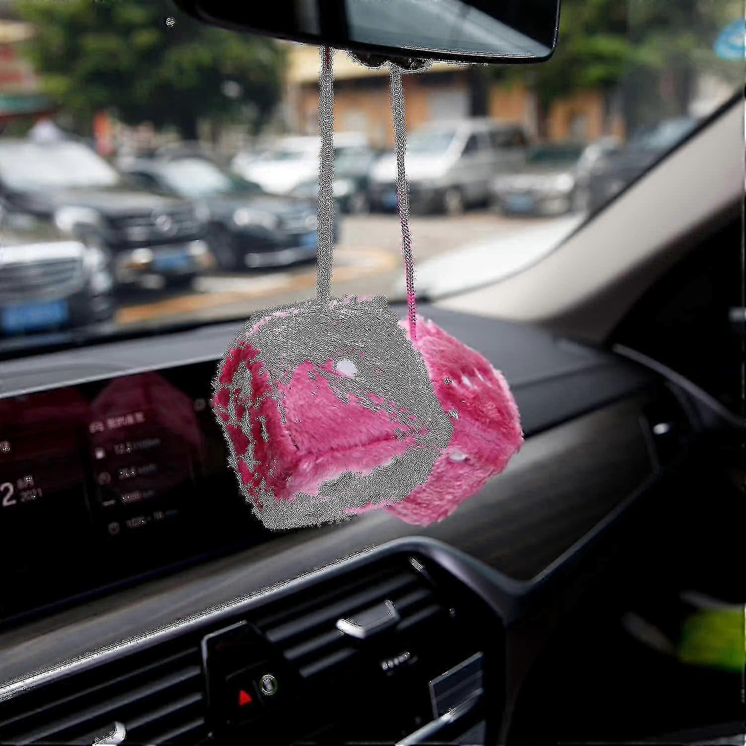 Pair Of Retro Square Mirror Hanging Couple Fuzzy Plush Dice With Dots For Car