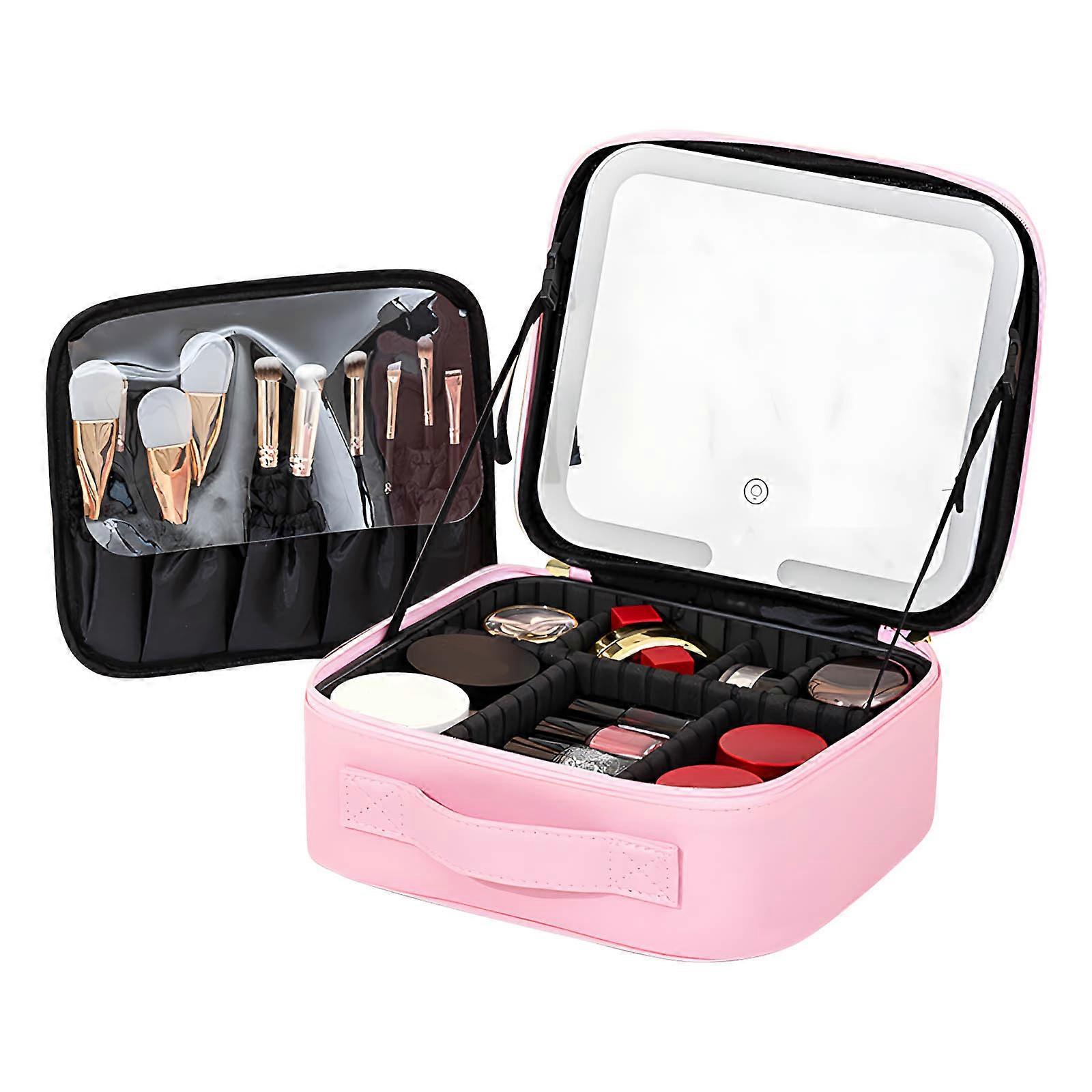 Portable LED Lighted Cosmetic Bag Multiple Compartment Waterproof Design For Nighttime Makeup Application  Pink