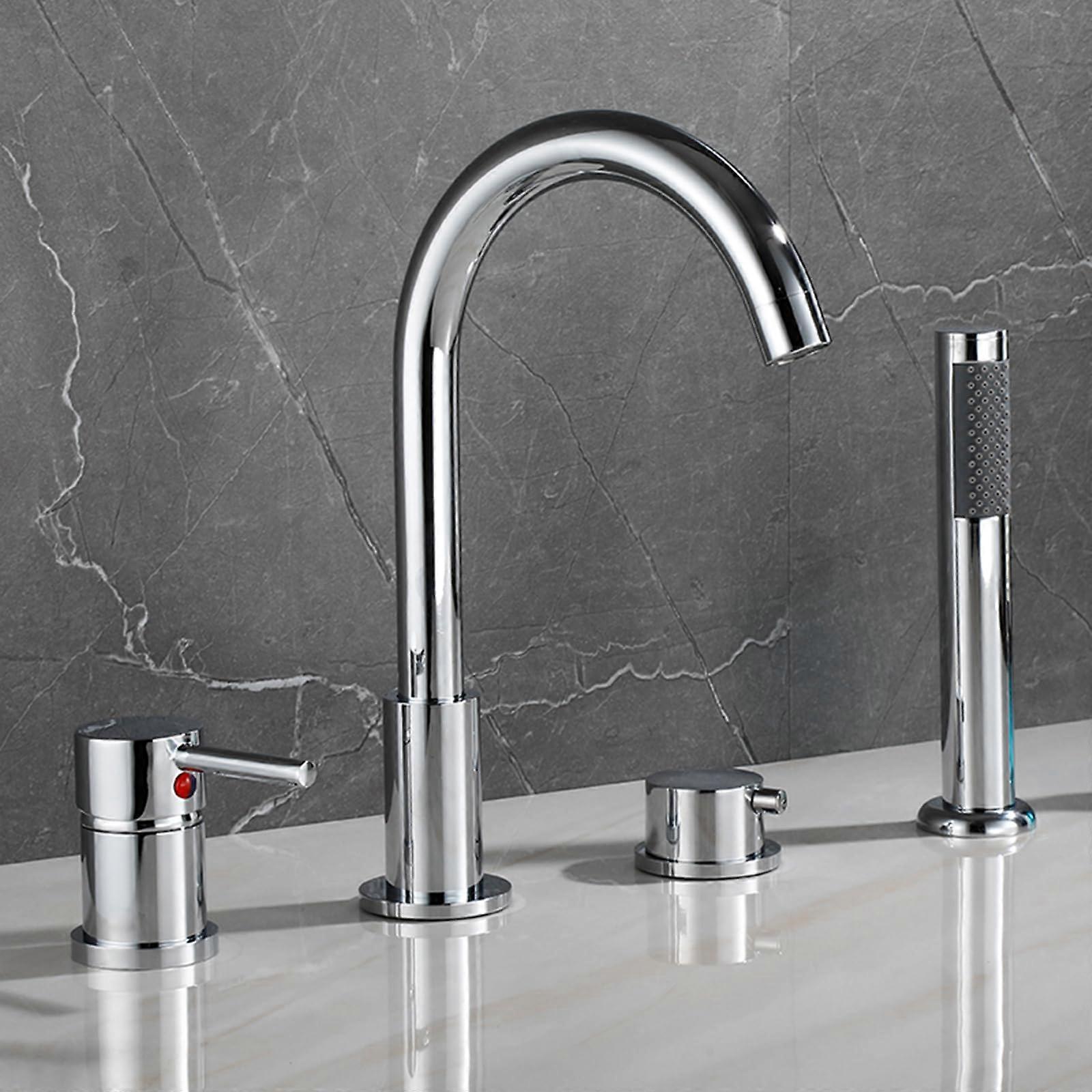4 Hole Brass Bath Mixer Tap Set with 360° Swivel Spout and Handheld Shower Chrome