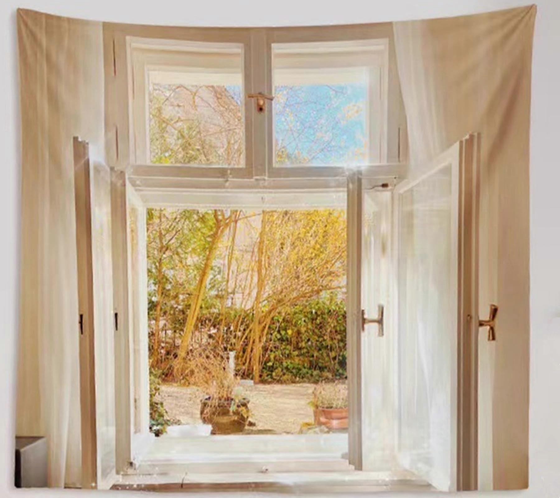 Wall Tapestry with Window View Landscape, Forest and Beach Scene, Art Deco Tree 230x180CM Home Decor