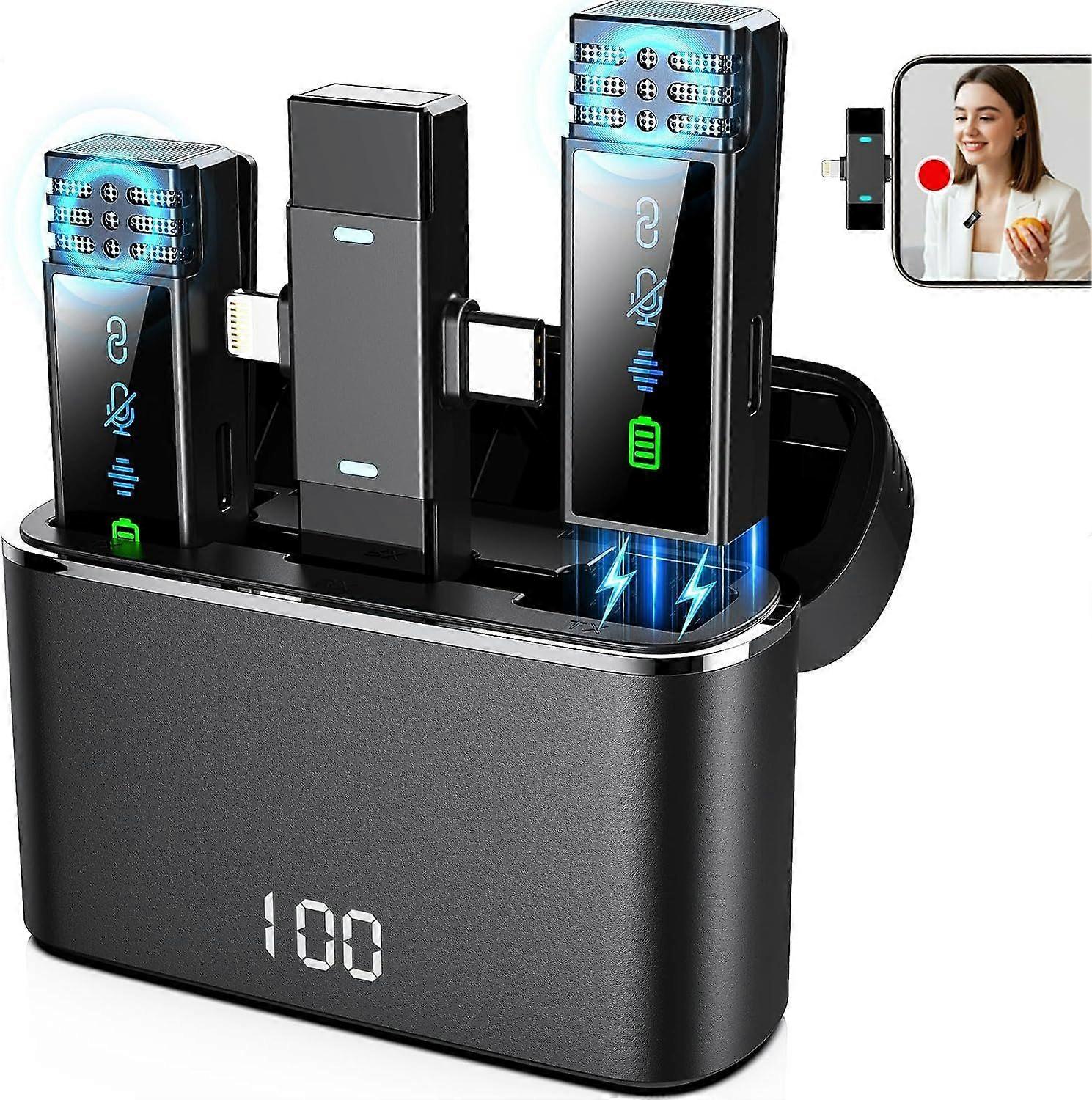 2 Pack Wireless Lavalier Microphone, Active Noise Reduction Mini Microphone, for Interview,Recording