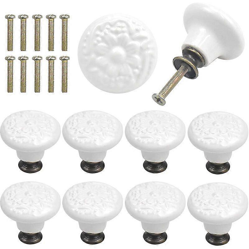 10 white ceramic drawer knobs, round, for furniture, wine color