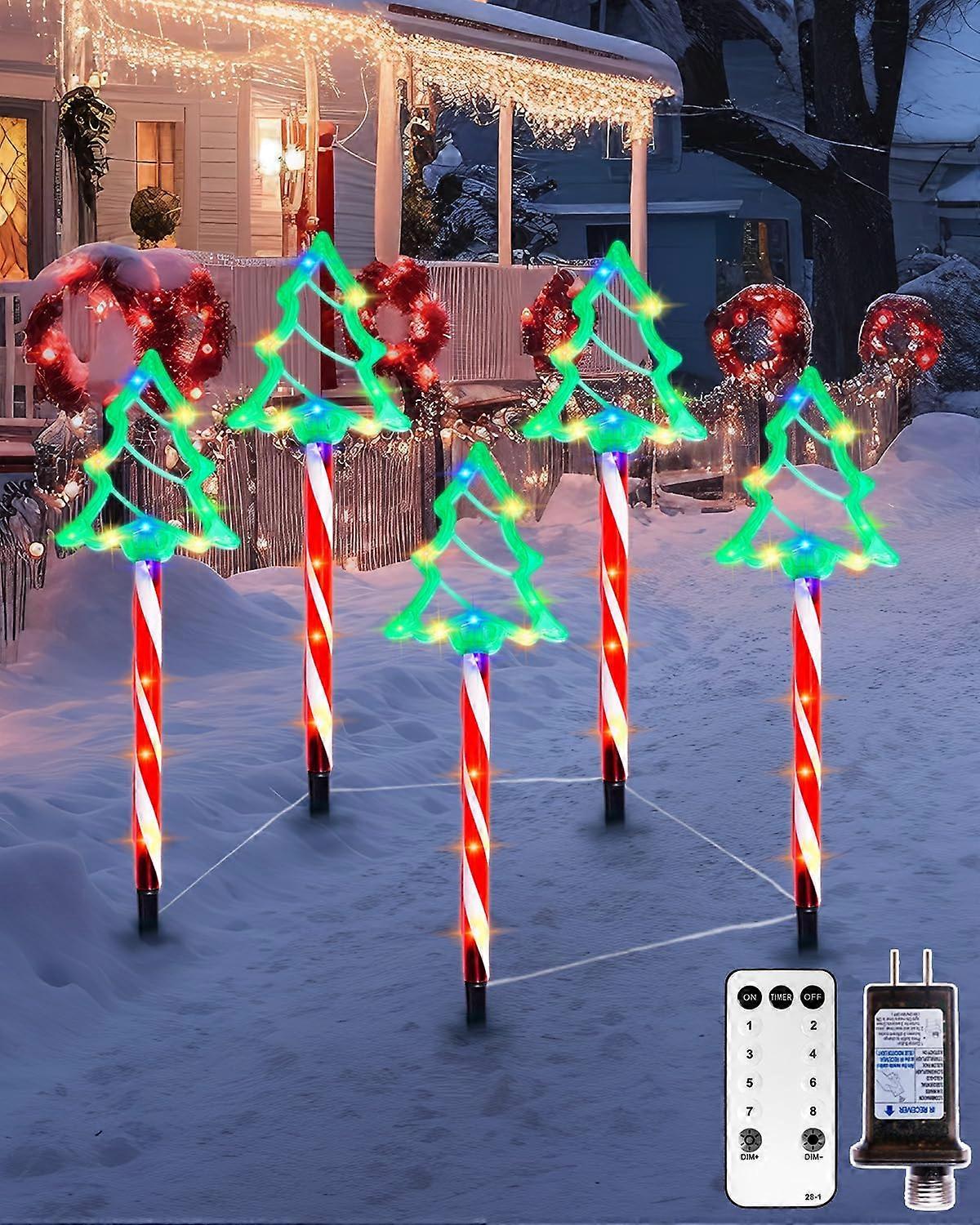 5 Pack Christmas Pathway Lights Outdoor Waterproof Candy Cane Tree Stakes with Remote, 8 Modes, Timer