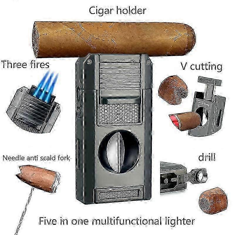 Refillable Butane Cigar Lighter with V-Cut Punch & Flashlight Function