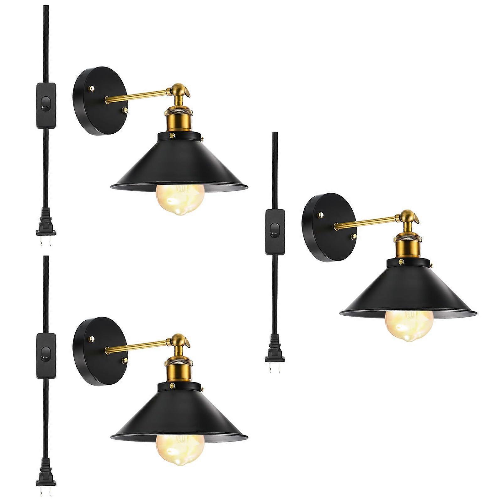3 Pack Industrial Wall Sconces with Plug in Cord, 240° Adjustable Swing Arm, Matte Black Finish