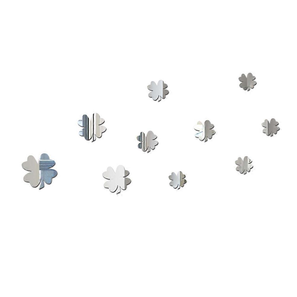 Four-Leaf Clover Mirror Wall Sticker for Home Decor 3Pcs Silver Acrylic