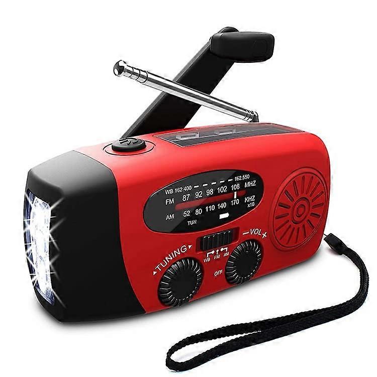 Emergency Hand Crank Solar Radio with Weather Alerts USB Charging LED Flashlight for Outdoor Survival Red
