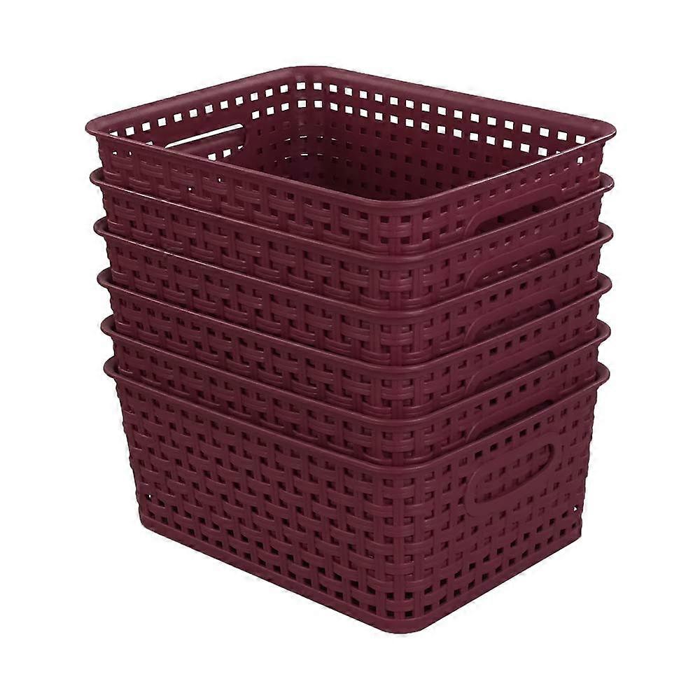 Wine Red Plastic Weave Storage Baskets with Handles, Stackable 6 Pack for Kitchen and Bathroom