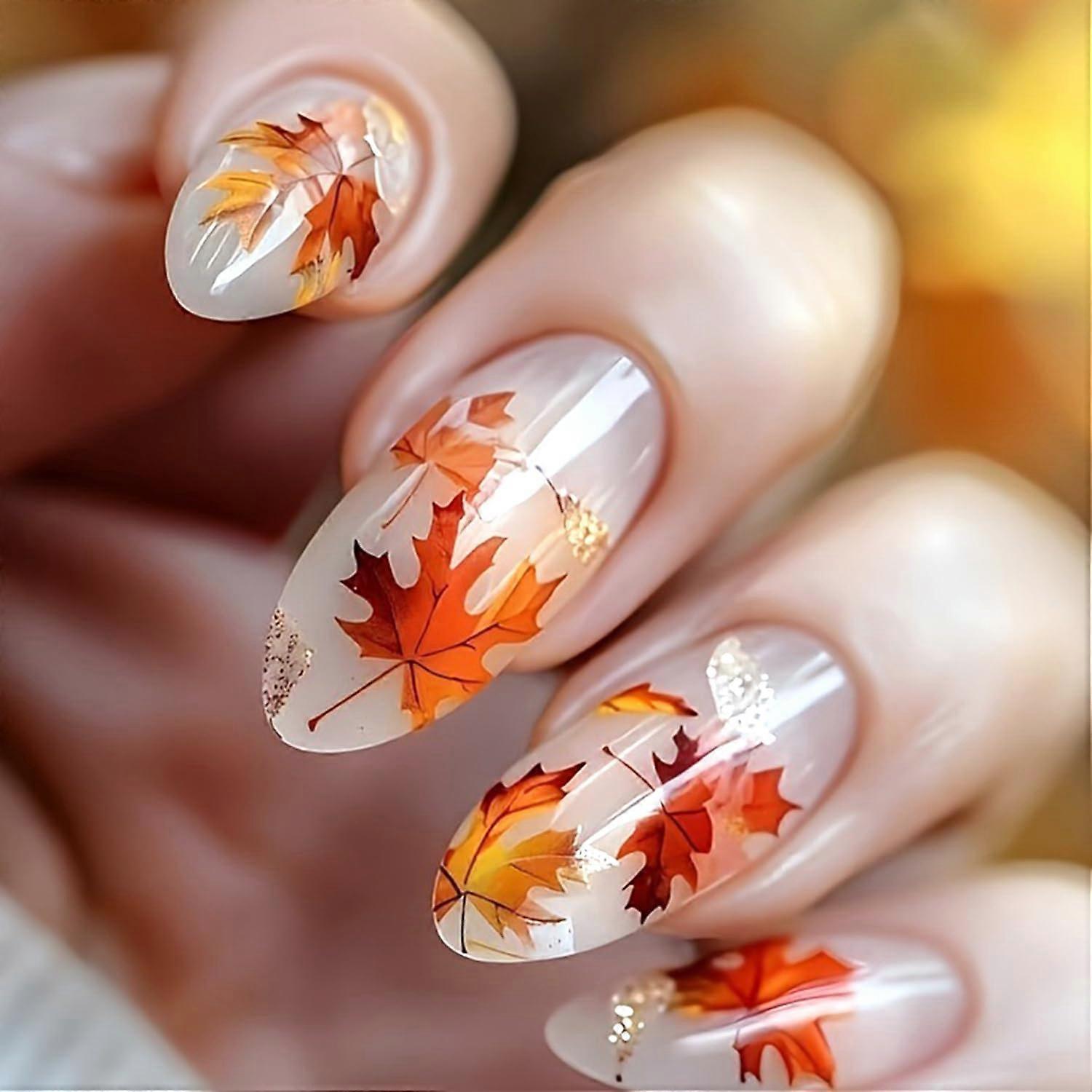 Press On Nails Almond Shape Glossy Maple Leaf Design Transparent Yellow Reusable 24pcs Set