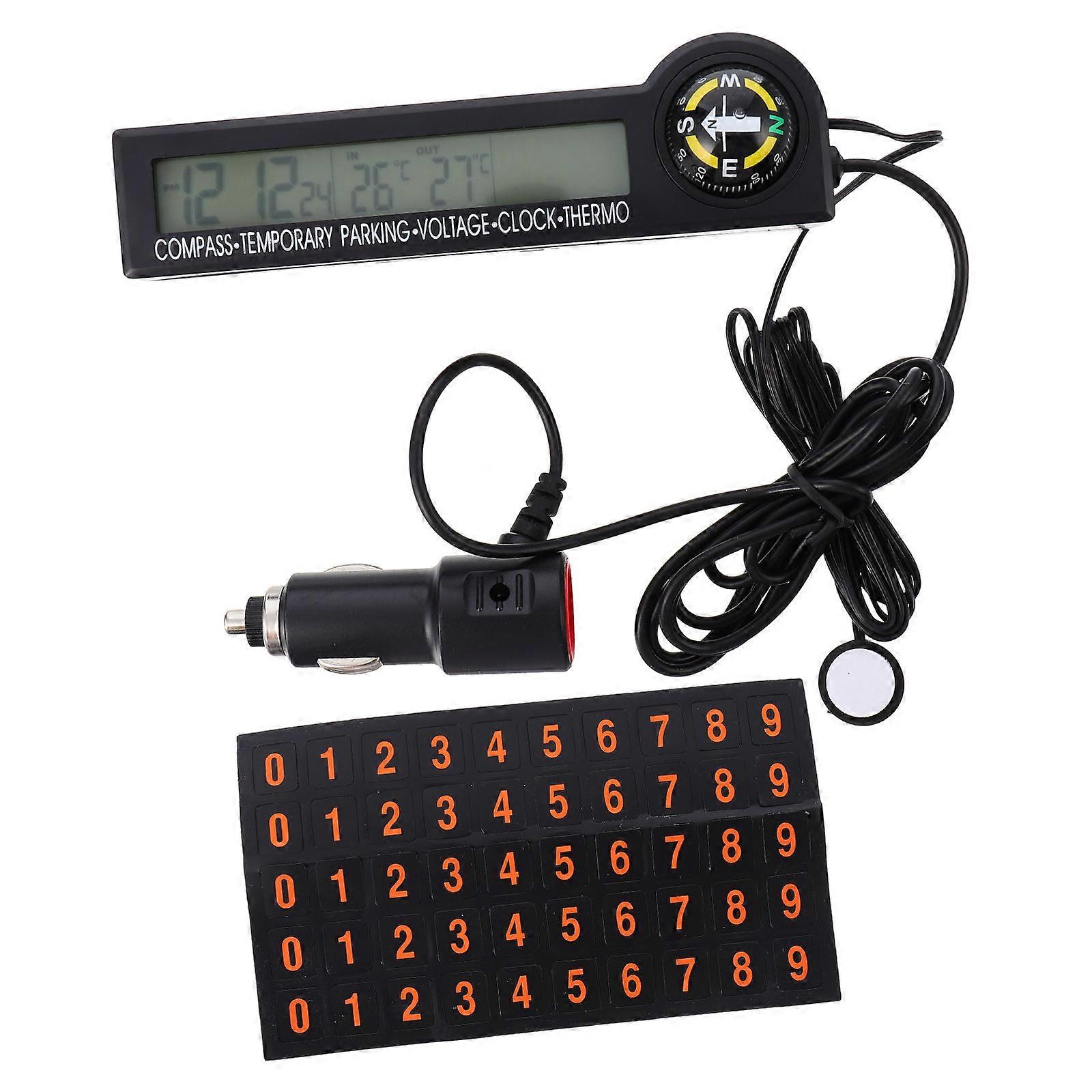 Car Dashboard Decorations Automotive Compass Thermometer Digital Clock 2Pcs