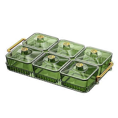 Snack Serving Tray Dry Fruit Tray with Lid, 6 Compartment Plastic Storage for Snacks Nuts Candy Green
