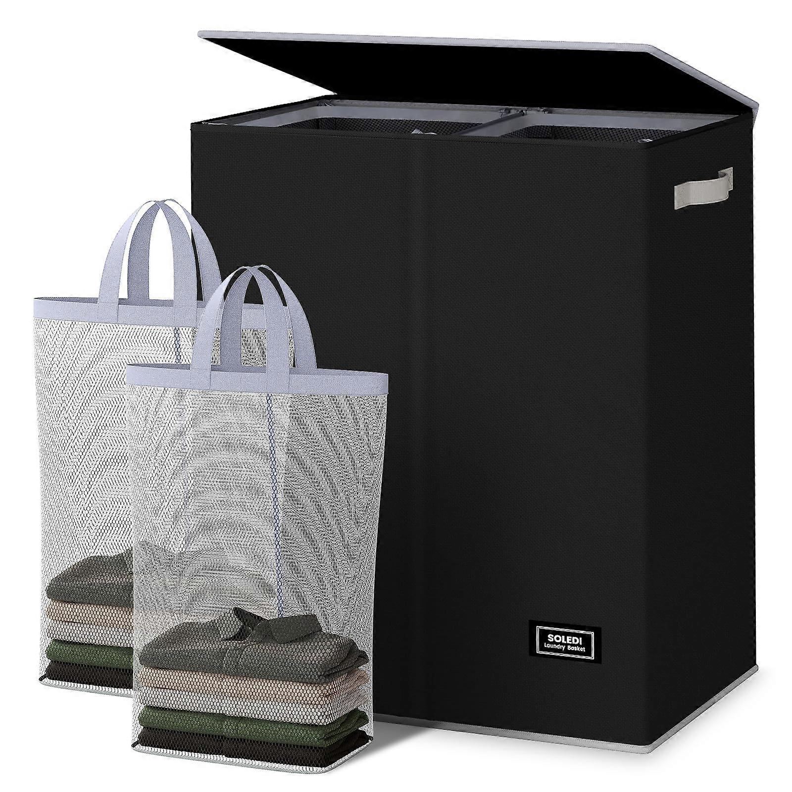 Extra Large 145L Double Laundry Hamper with Lid and Removable Bags for Clothes Sorting, Black