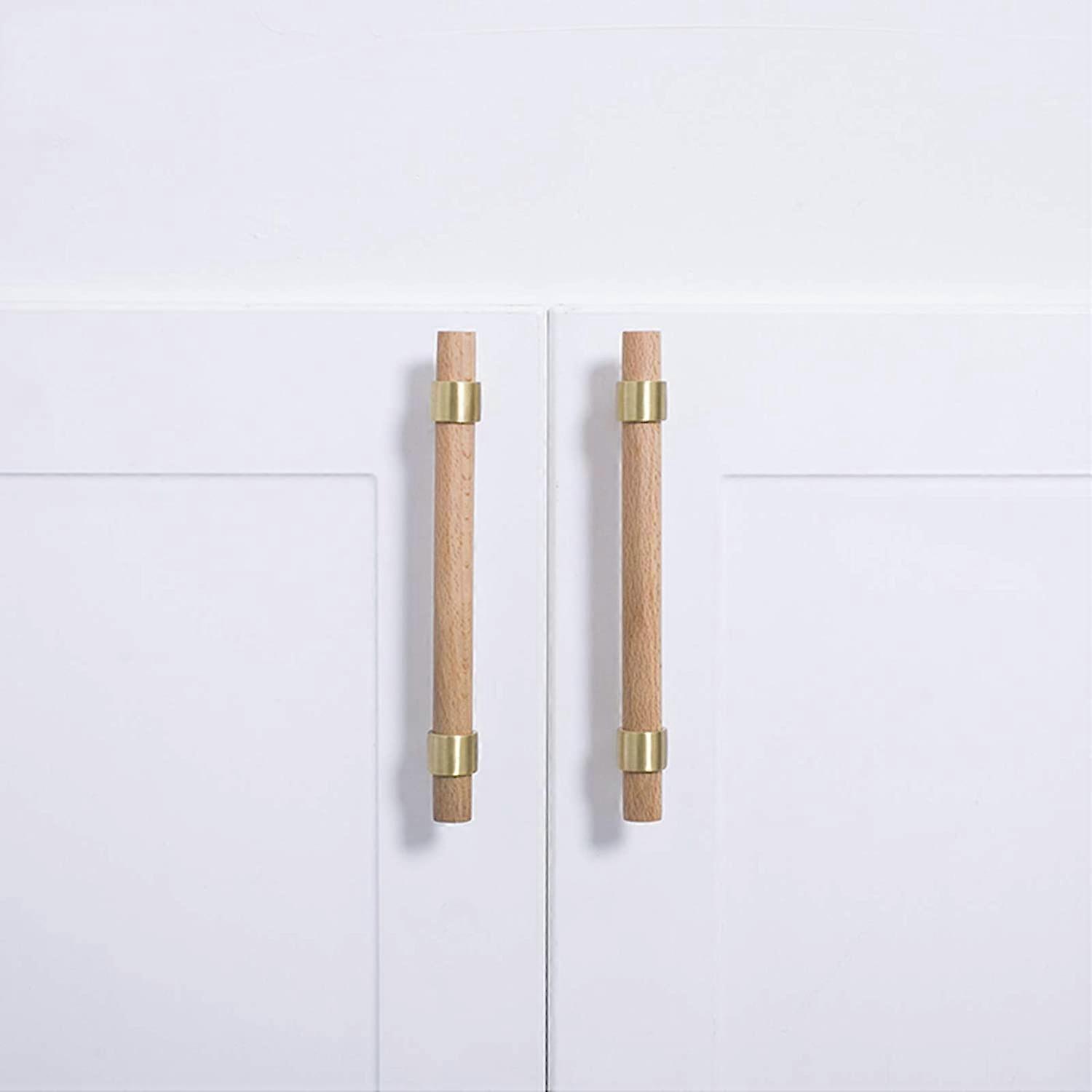 Solid Brass and Beech Wood Cabinet Handles Drawer Pulls, Vintage 60mm TBar Cupboard Knobs 2pcs