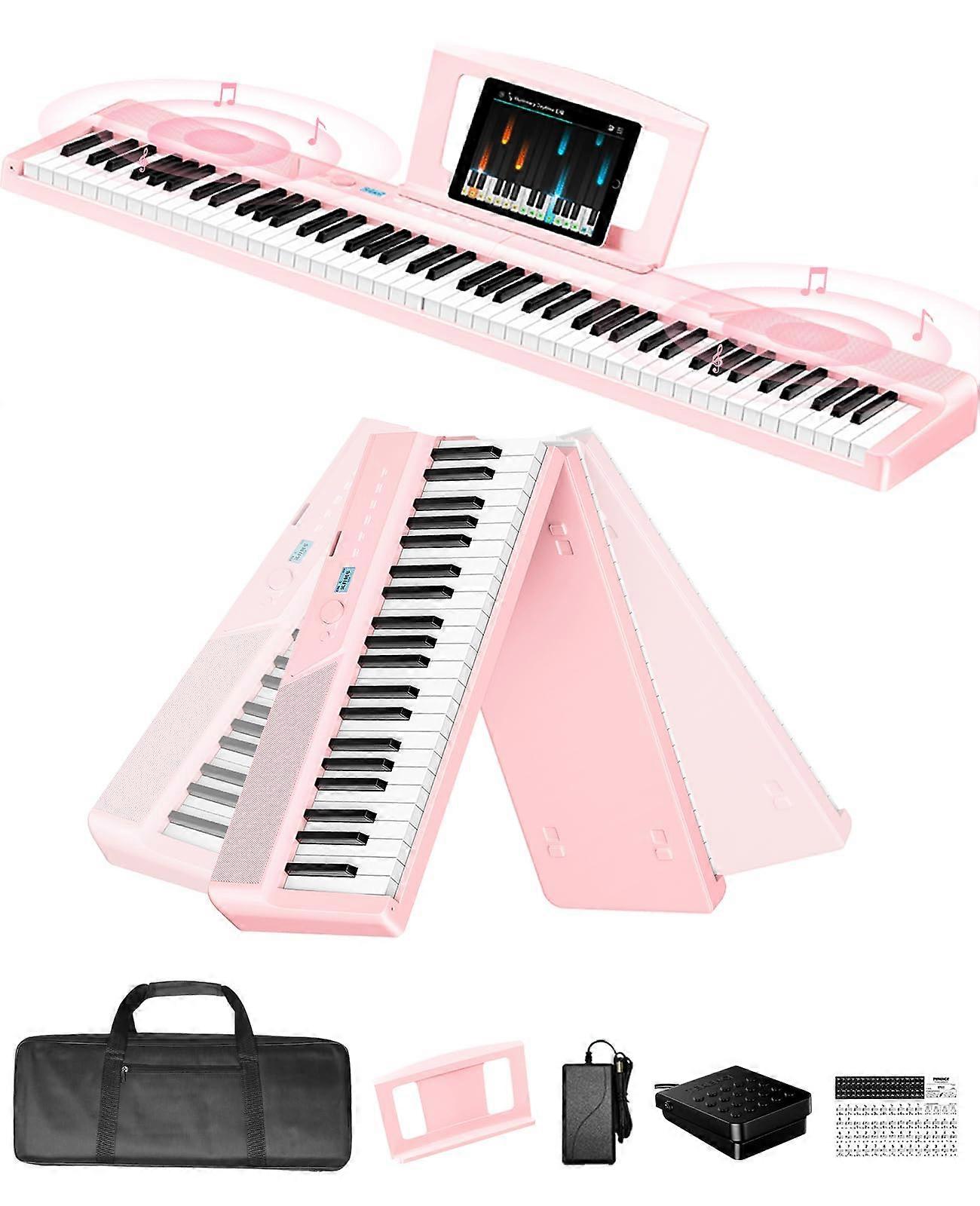 88 Key Weighted Foldable Digital Piano with 15W Speakers Bluetooth MIDI Recording Pink