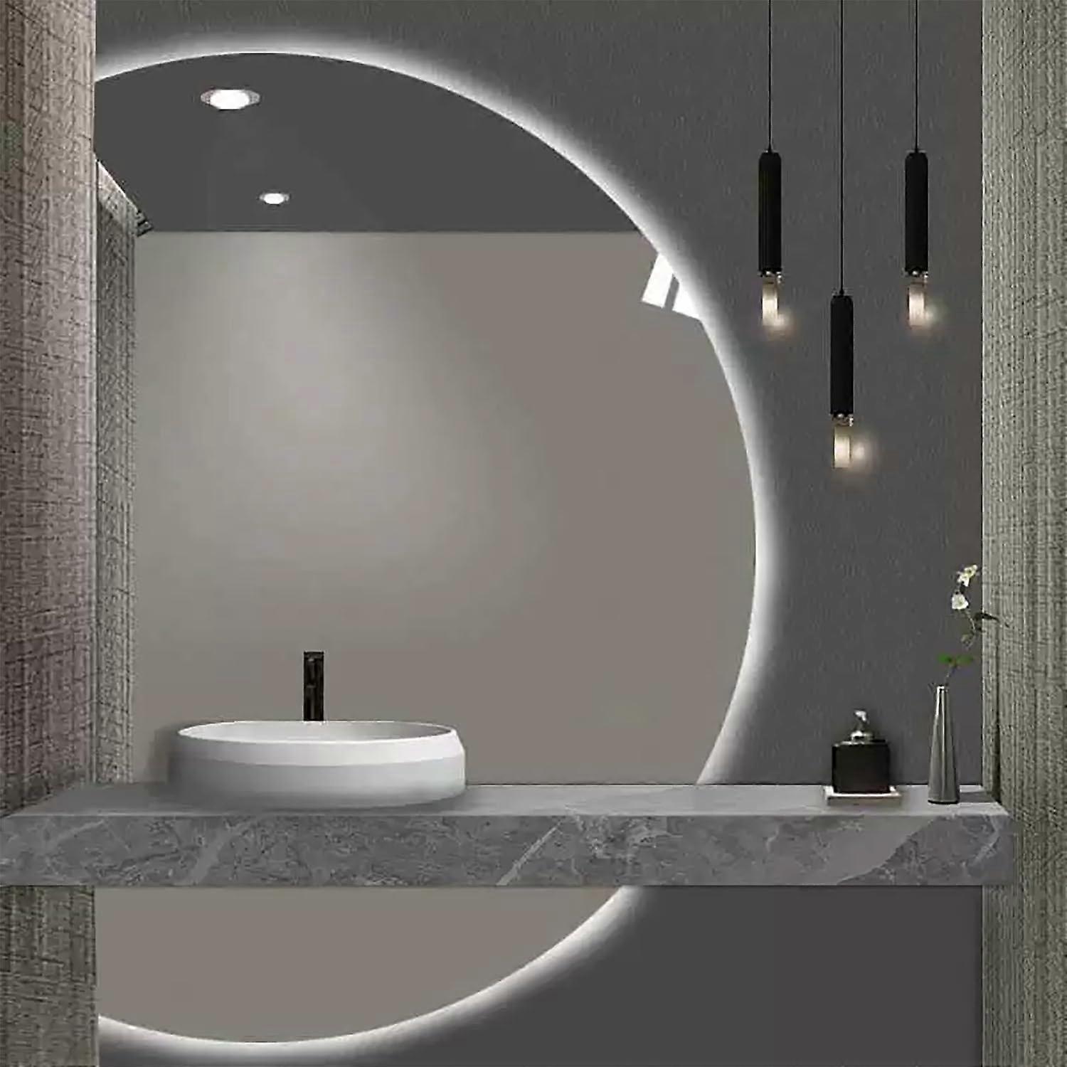 47in Frameless Half Moon LED Bathroom Mirror, AntiFog Touch Control, TriColor Dimmable Lighting