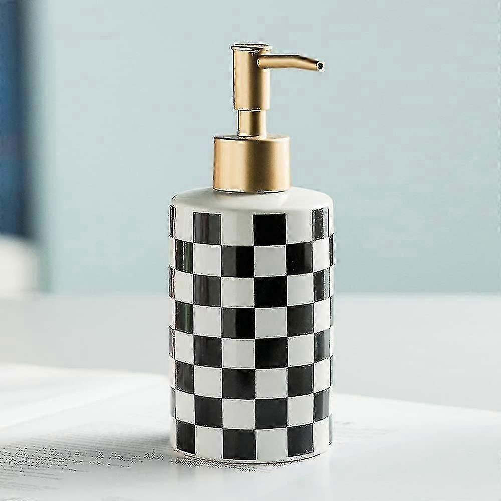 Rust-proof soap dispenser with checkered ceramic design for stylish sinks