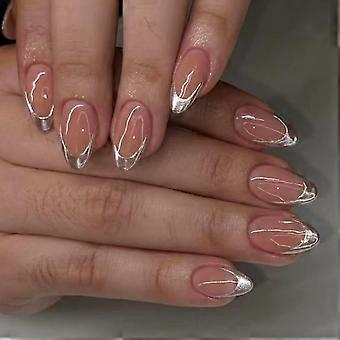 Silver French Tip Press On Nails Medium Almond Shape Fake Nails Glossy Nude Pink Salon Quality 30Pcs
