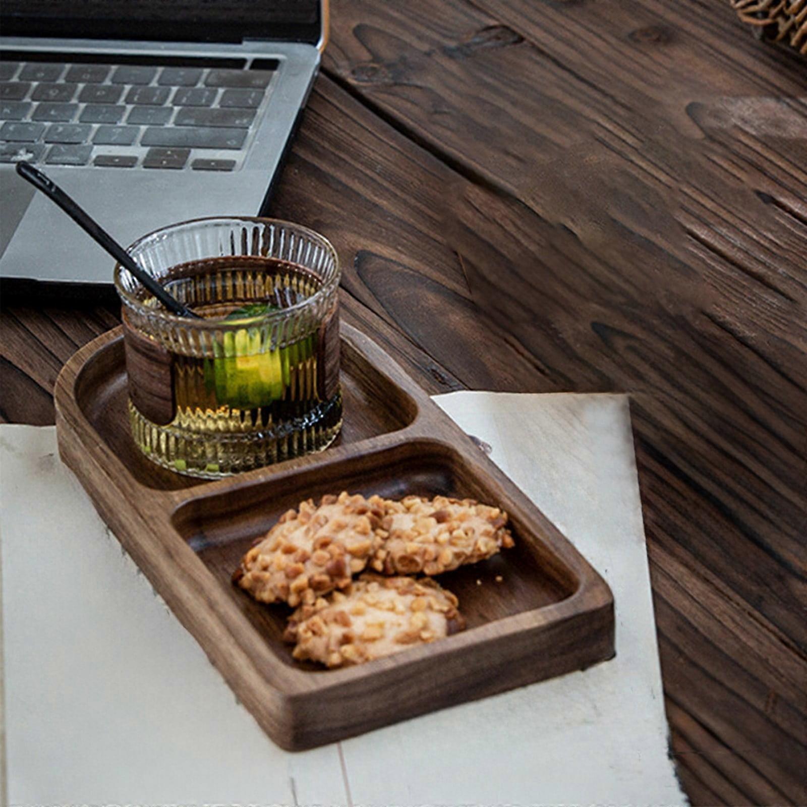 Divided Wooden Dinner Platess Square Buffet Plates Brown Two-Cell Grid Stackable Plates