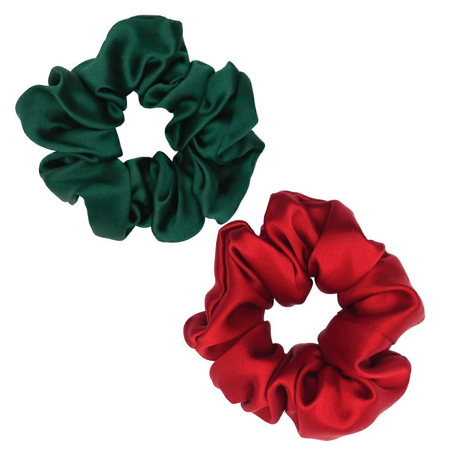 100% Mulberry Silk Scrunchies for Women, AntiCrease Hair Care, Gentle Elastic Hold, 2 Pack Red and Green