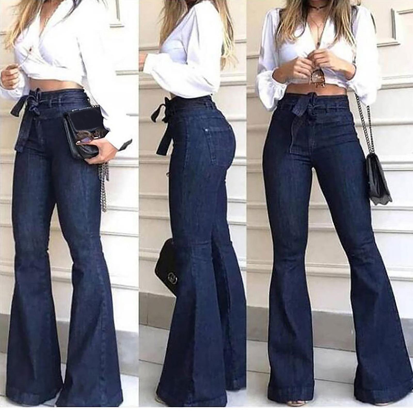 Moda Ladys Yüksek Belli Bağcıklı Geniş Bacak Kot Çan tabanlı Pantolon