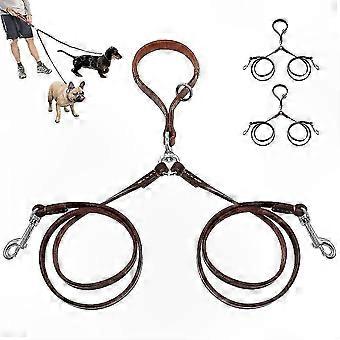 Dubbla hundkoppelsatser, läderkoppel med komforthandtag för promenader och träning Två små till medelstora hundar, trasselfri design