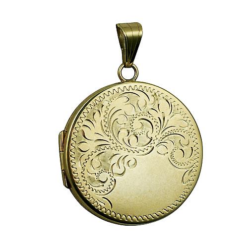 9ct Gold 29mm flat round half hand engraved Locket