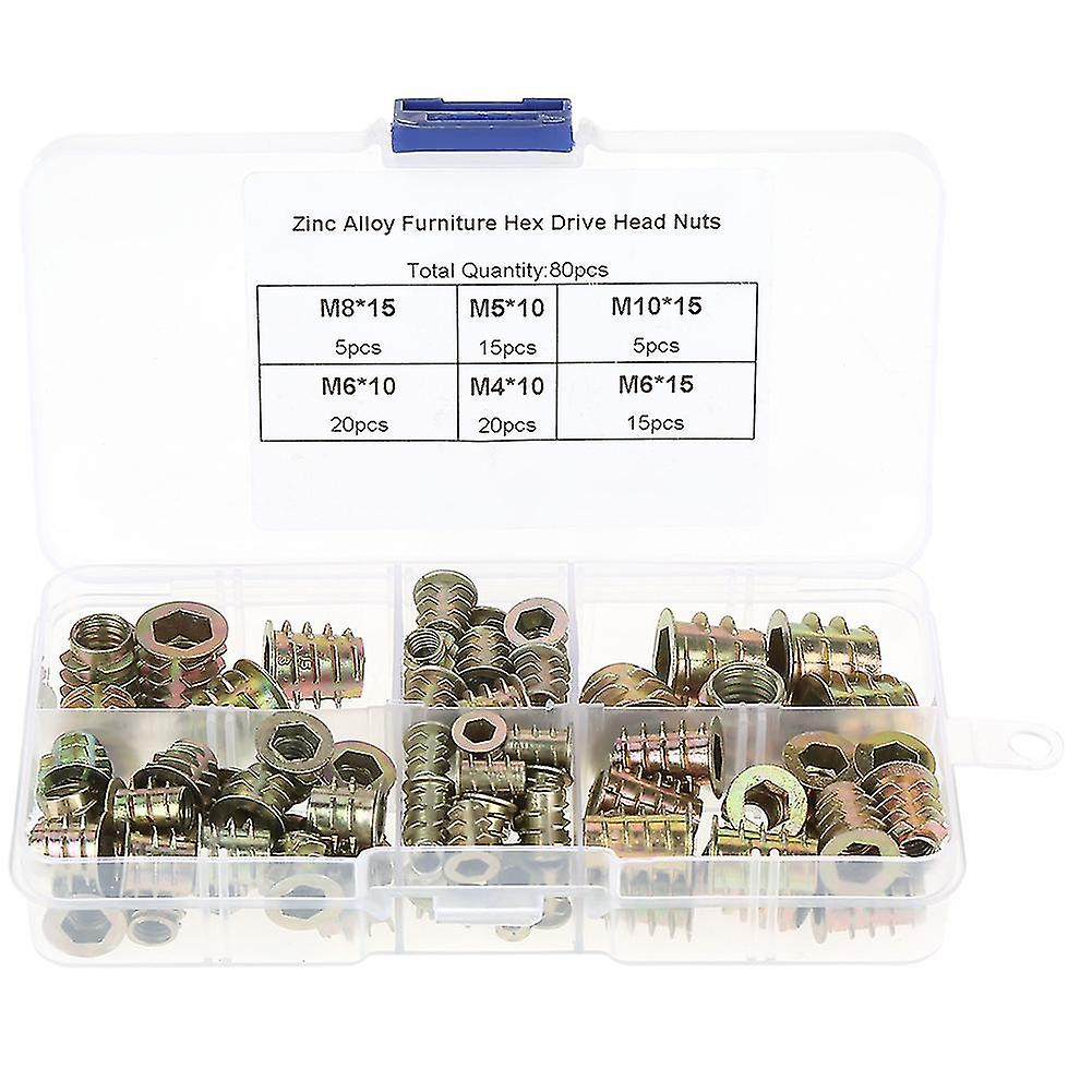 80Pcs M4/M5/M6/M8/M10 Zinc Alloy Hex Drive Furniture Threaded Insert Nuts