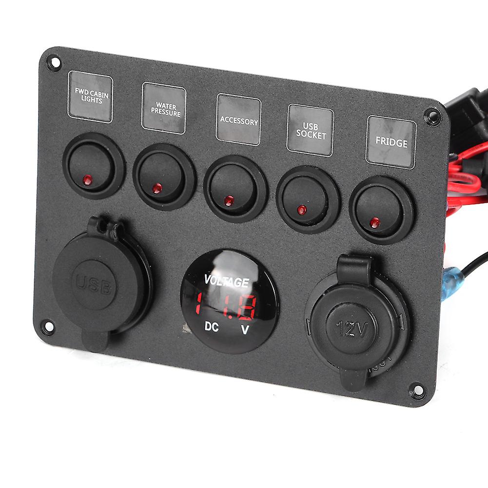 Universal 5-Gang LED Toggle Switch Panel with Digital Voltmeter for RV Car Motorboat