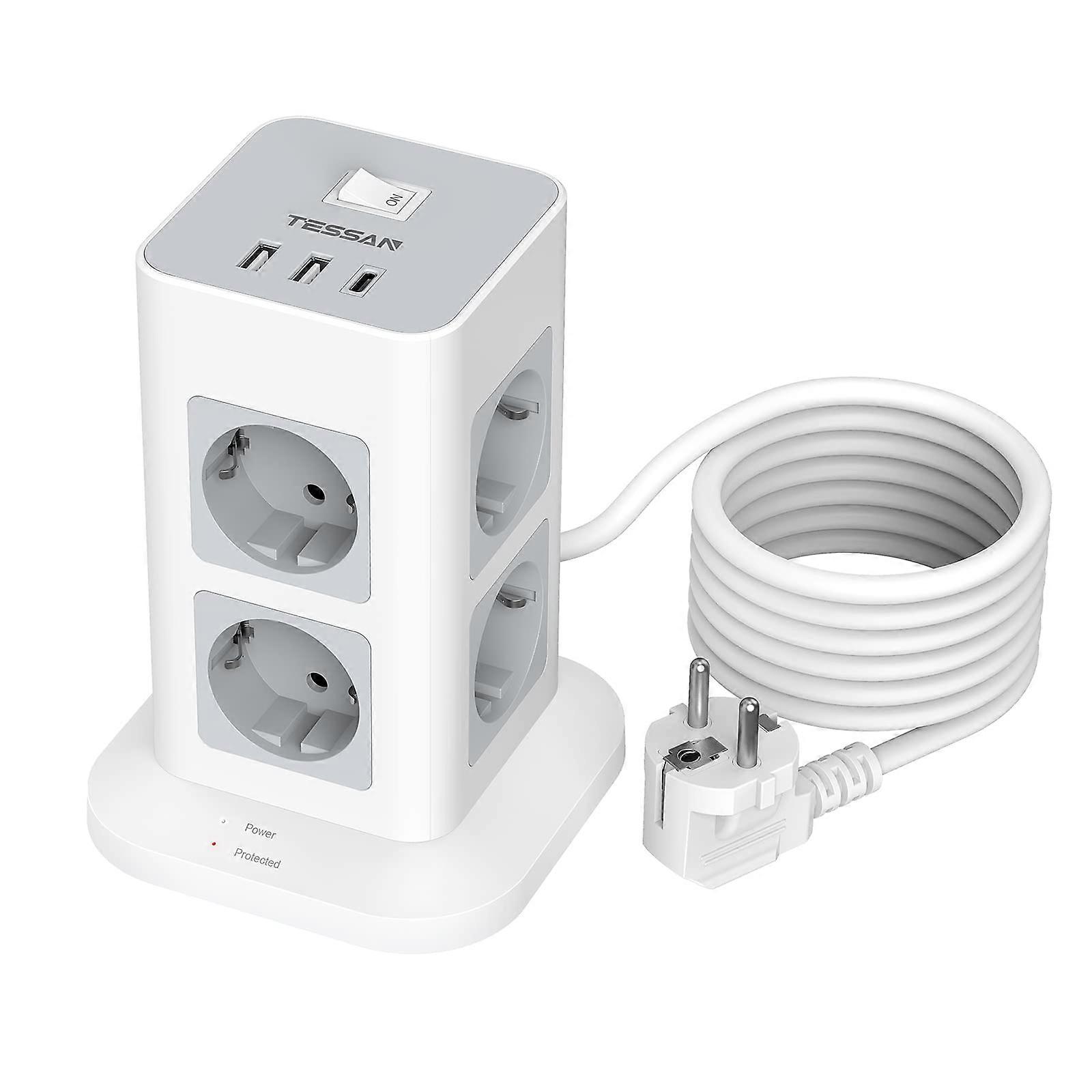 TESSAN Power Strip Power Strip with 8 AC Outlets, 2 USB Ports, 1 Type C, Socket Tower with 2m Extension Cable