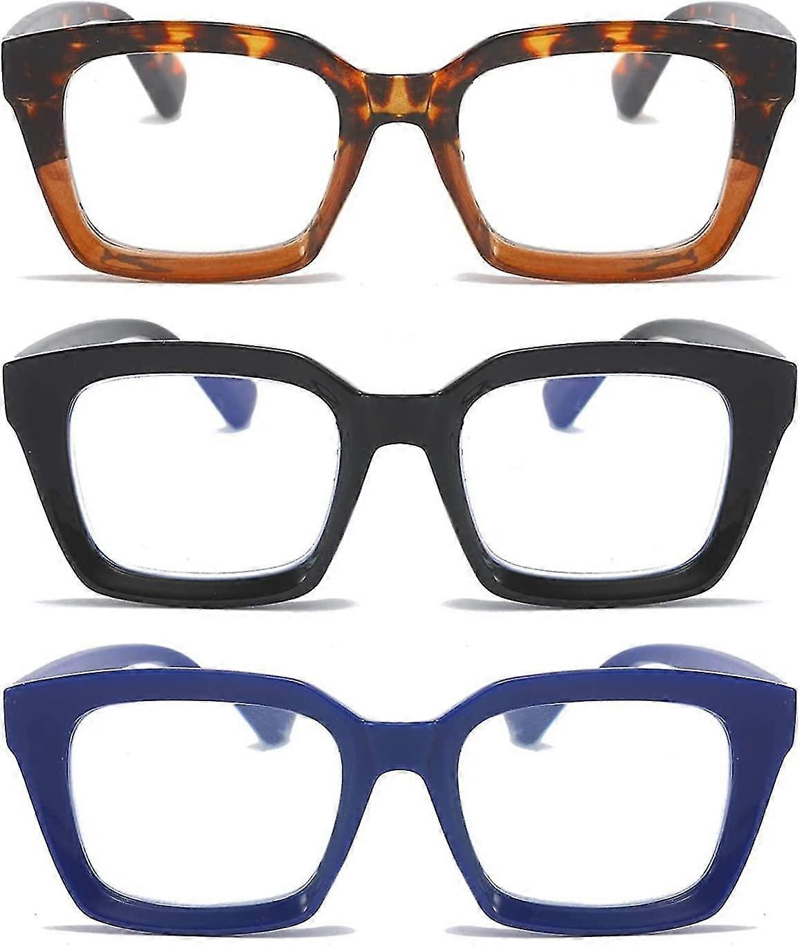 Dww-3 pack of oversized women's reading glasses (different colours,2.5x) - Square frame anti-blue light glasses